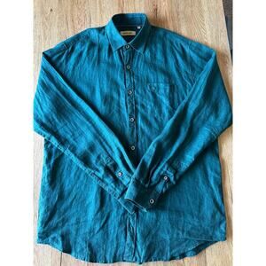 Red Flame Men's Linen Vtg Green Button Up Size XLarge